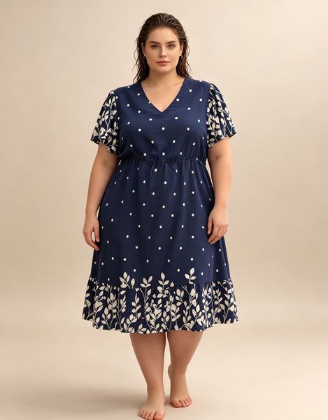 Picture of PLUS SIZE MIDI DRESS WITH POLKA DOT AND LEAF PRINT
